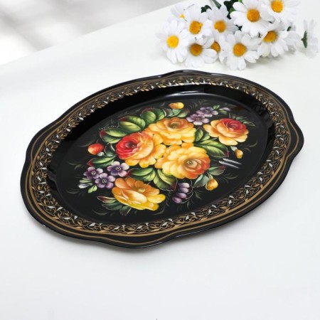 Zhostovsky tray "yellow roses", Kruzhevna, author of Vladykin, 30x23 cm, small, oval-1