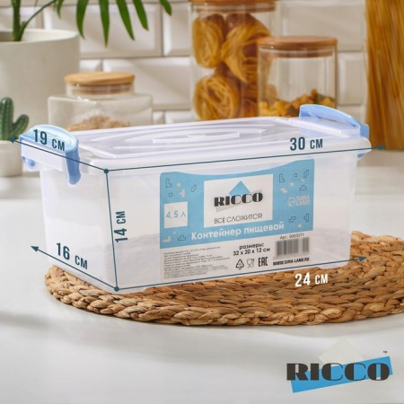 Food container Ricco, 4.5 l, 32 × 20 × 12 cm, rectangular, transparent color, blue