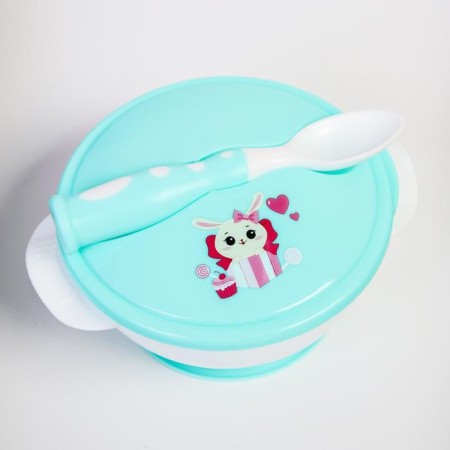 A set of children's dishes "Bunny", 3 objects: a plate on a suction cup, cover, spoon, turquoise color-4