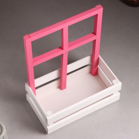 Wooden Kashpo 25 × 18 × 30 cm "Bouquet under the window", with a handle, white pink-2