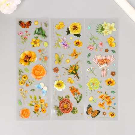 PVC stickers "sun flowers" set 3 sheets gold embossing 6x18 cm