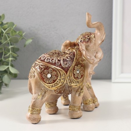 Polystone souvenir "Elephant with an elephant, flowers and patterns on the blanket" Gold and Bezh 15.5x10x16 cm-2