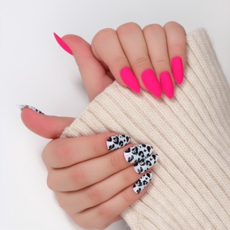 Leo patching nails, 12 pcs, with glue plates, almond shape, black, pink-7