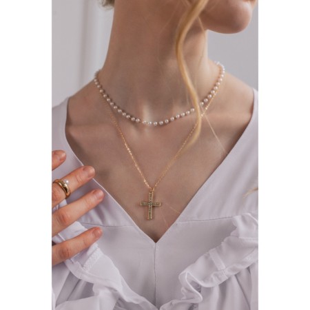 Piece "Chain" thread of pearls, a smooth cross, white color in gold, 35 cm-4