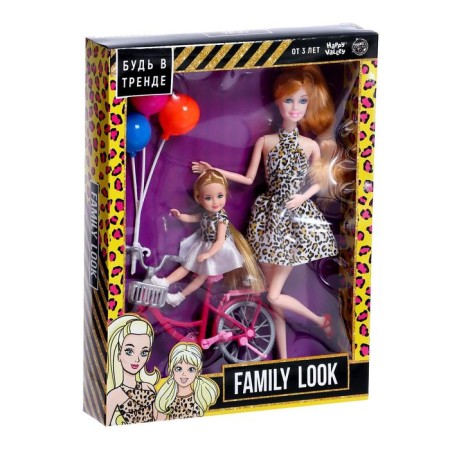 Model doll with Family Look daughter on a bicycle, leopard-1