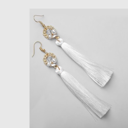 Earrings "brushes" with pearls, white color in gold, l brush 6.6 cm