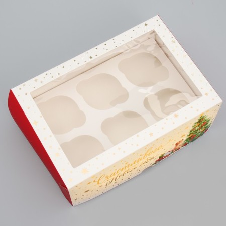 Folding box for 6 cupcakes with the Happy New Year window, 25 x 17 x 10 cm, New Year-2