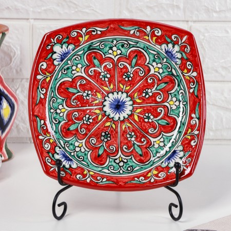 Plant of Rishtan ceramics "Patterns", red, 17 cm, square
