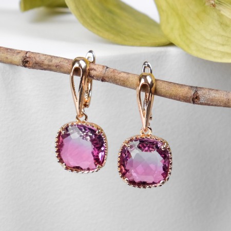 Earrings with “Illusion” rhinestones, a smooth square, raspberry-purple color in gold-1