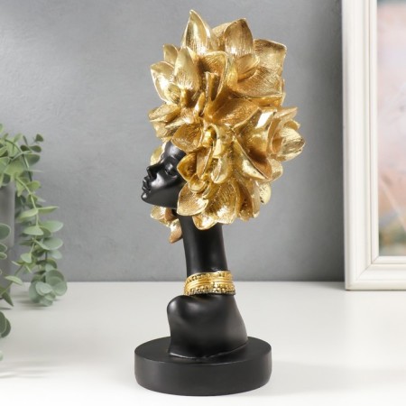 Souvenir Polystone Bust "African with a flower on the head" Black with gold 29x11x17 cm-3