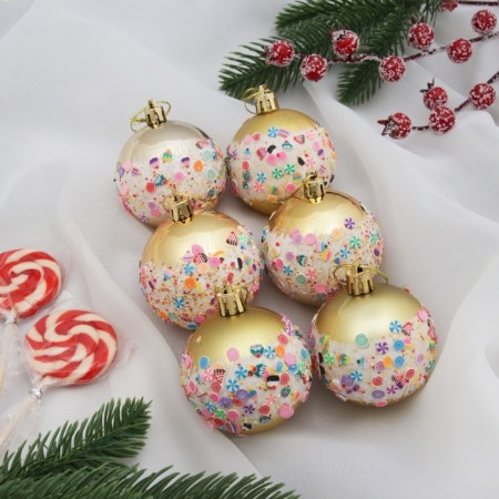 Christmas tree toys, New Year's balls, plastic, D-6 cm set, 6 pcs "New Year's delight" Gold
