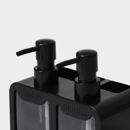 Double dispenser for soap and detergent Raccoon, with a sponge included, 300 ml, black color-2