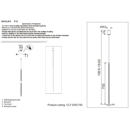 Suspended lamp Crystal Lux, CLT 035 1400/218, LED, 10 W, 70.2x24 cm, white color-1