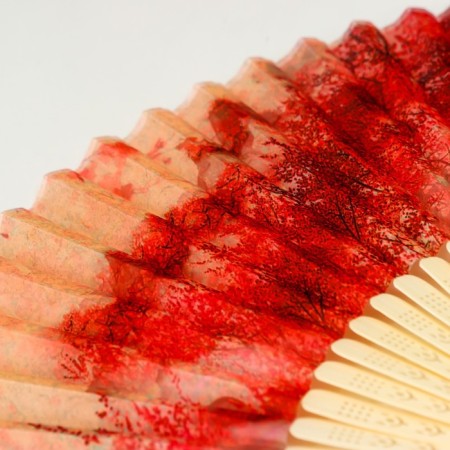 Fan bamboo, textile h = 23 cm "evening on the river" red, with a brush-3