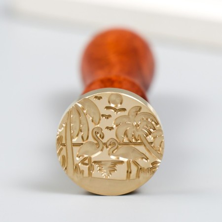 Printing for wax with a wooden handle "Flamingo between palm trees" 9x2.5x2.5 cm-1