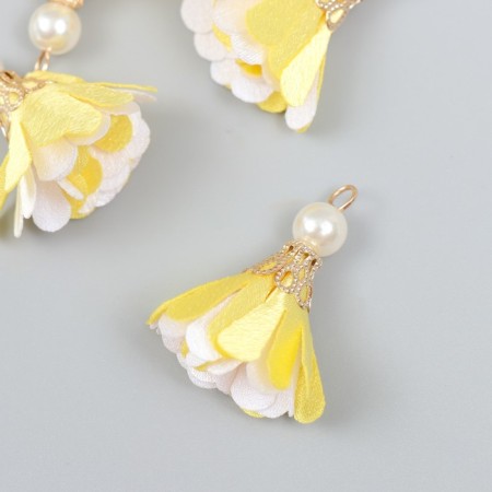 Decor Textile "Flower 2 colors with pearls. Yellow and white" set 6 pcs 3 cm