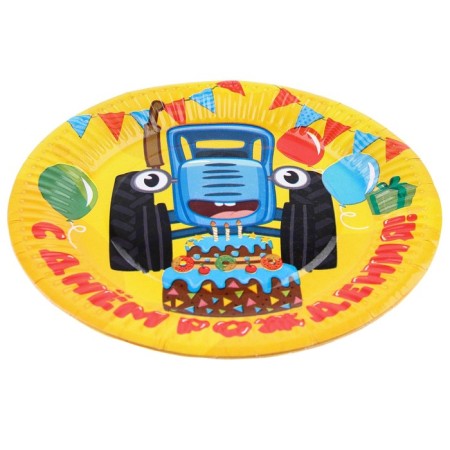 Paper plate "Happy Birthday!", 18 cm, blue tractor-2