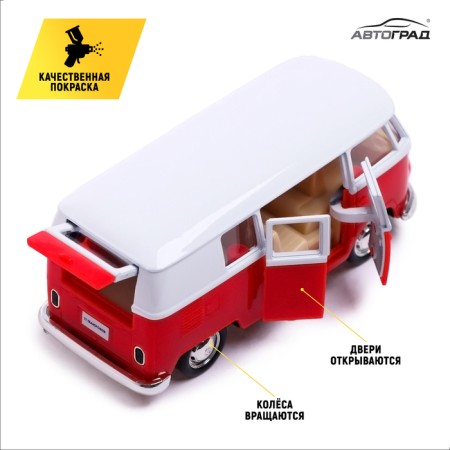 Metal machine Volkswagen Transporter T1, 1:32, doors, inertia, red color open-2