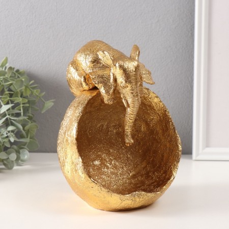 Souvenir Polystone stand "Elephant with a large stone bowl" gold 13x15x18 cm