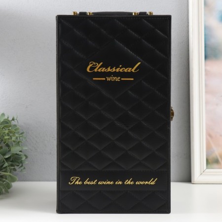 Casket Wood, leatherette for 2 bottles "Black Black" 4 items 34.5x19.5x12 cm