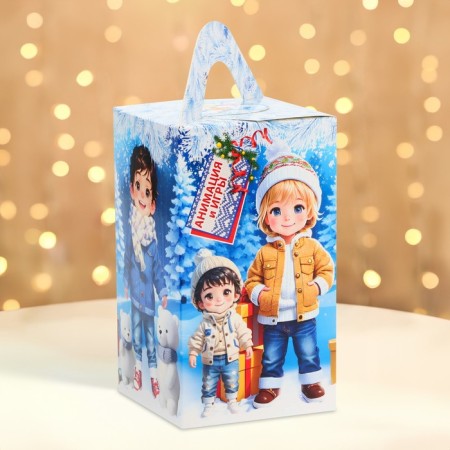 New Year. Gift box New Year's tetrahedral large "kids" with animation 10 x 10 x 18 cm.