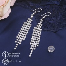 Hanging earrings with Princess rhinestones waterfall, white color in silver, 8.5 cm