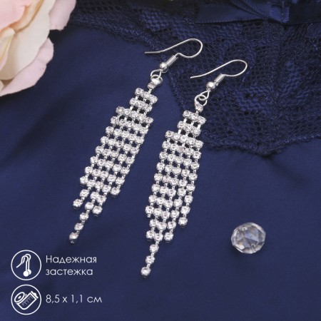 Hanging earrings with Princess rhinestones waterfall, white color in silver, 8.5 cm