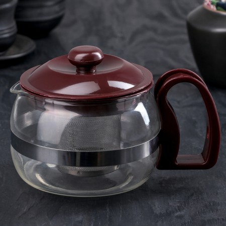 Glass teapot “Bruno”, 750 l, 16 × 11.5 × 13 cm, with metal sieve, brown color