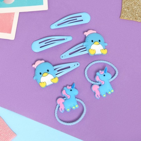 Shirley hair set (2 elastic bands 5 cm, 4 invisible 5.5 cm) unicorn, blue-1