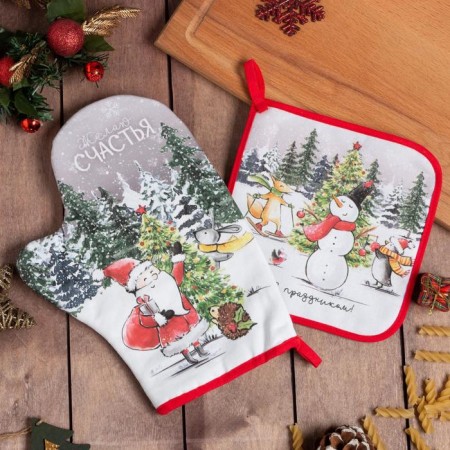 Kitchen kit “I wish you happiness” mittens-output 20x28cm, 19x19cm severity, 100% cotton