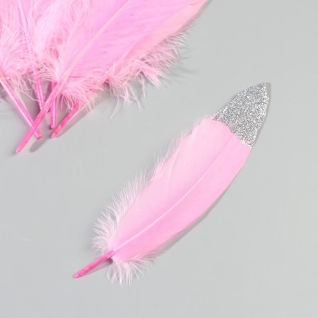 A set of goose feathers 15-20 cm, 10 pcs, bright pink with silver crumb-2