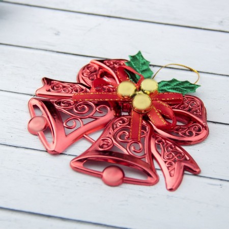 Jewelry decoration "double bell with balls and ribbon" 12.3x9.5 cm, red-1