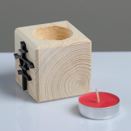 Candle in a wooden candlestick "Cube, hieroglyphs. Luck", 6x6x6 cm, cherry aroma-1