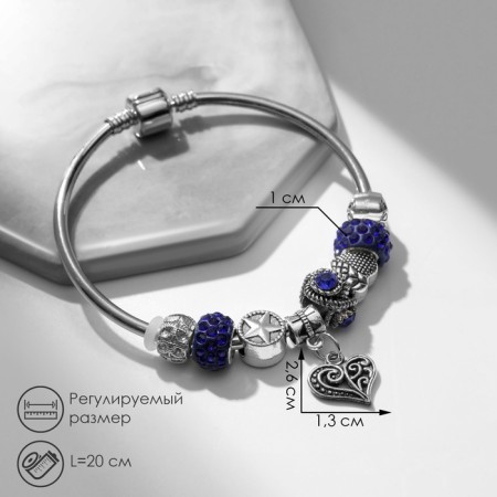 Bracelet with Mardgeri rhinestones with a suspension, heart, blue color in silver, 20 cm