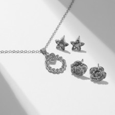 Set 4 objects: earrings (3 pairs), pendant “Flower set”, white color in silver, 45 cm
