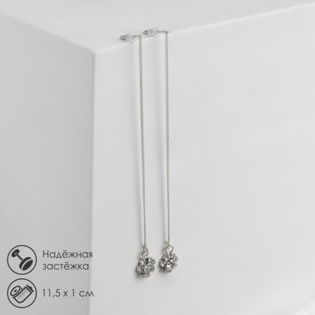 Earrings with rhinestones "chains" flower, white color in silver