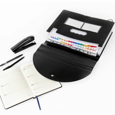 Folder-carte, A4, 12 departments, 800 μm, Brauberg Docs, with extension, a pocket for a business card, elastic band, embossing "sand", black-6