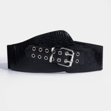 Women's belt, width 12 cm, metal buckle, grirts, black color