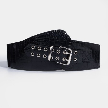 Women's belt, width 12 cm, metal buckle, grirts, black color