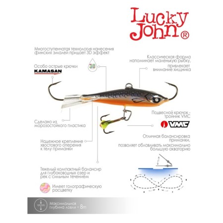 Балансир Lucky John NORDIC 4 + тройник, 4 см, цвет 47H блистер-6