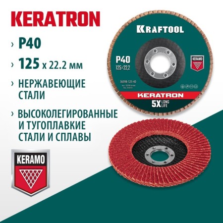Circle of the petal end Kraftool 36598-125-40, P60, ceramic, D = 22.2 mm, 125 mm