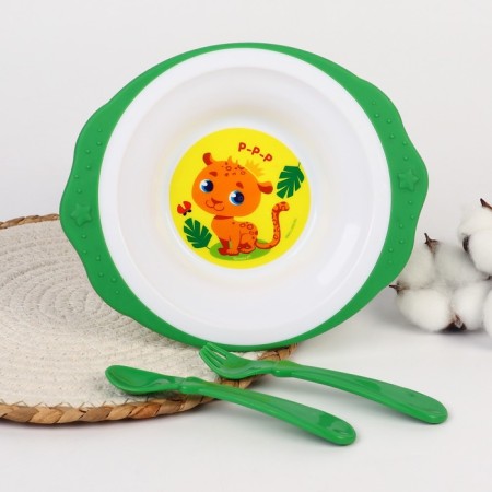 A set of children's dishes "Leopard", a plate on the suction cup 250ml, fork, spoon-8