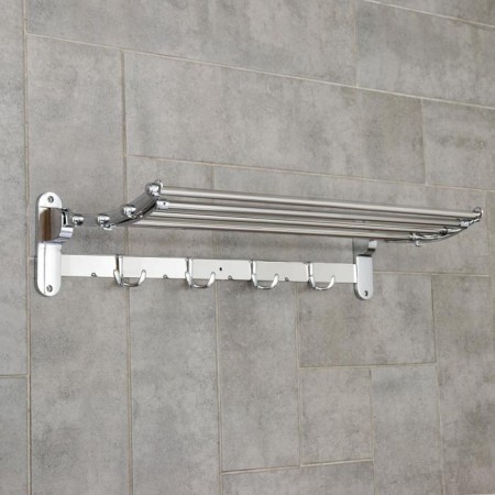 The shelf is hinged with a holder of towels, 4 double hooks, 59.5 × 26 × 14 cm, color chromium-2