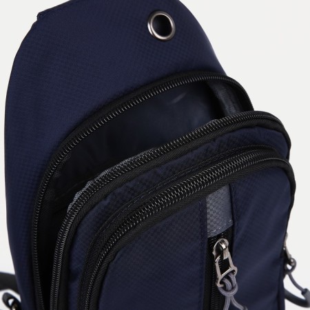 Male sling bag from textiles, headphone opening, blue color-6