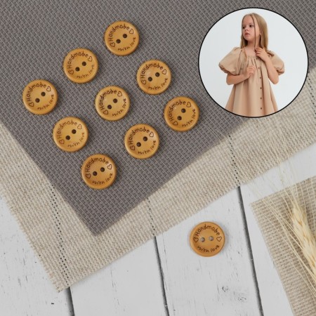 Wood patch "Hand Made with Love", 2 punctures, d = 18 mm, yellow color
