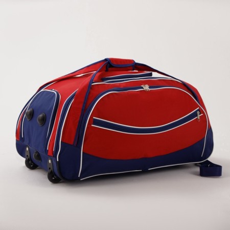 Road bag on wheels, a lightning department, shoes, 3 outer pockets, a long belt, red/blue color