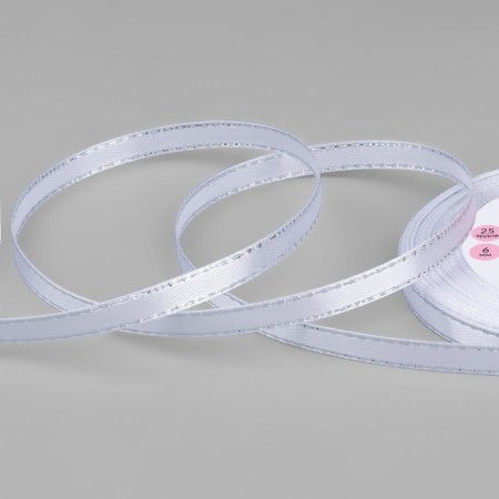 A satin ribbon "Silver threads", 6 mm × 23 ± 1 m, white color No. 001