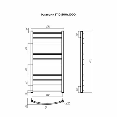 Terminus water heated towel rail "Classic" P10, 500x800 mm, lower connection, chrome-3