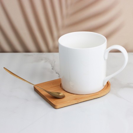 Ceramic mug on a wooden stand “Tenderness”, 330 ml, with a spoon, white color-2