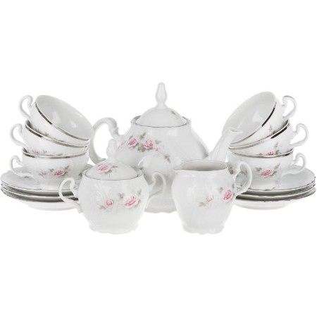 Tea Service 6/9 Bernadotte, decor "Pale roses, platinum layout", 15 items